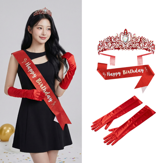 엘로어트 생일 파티 용품 의상 졸업 사진 티아라 왕관 어깨띠 장갑 코세트 패키지, 1세트, 레드