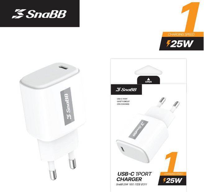 스냅 PD 25W 1포트 가정용 충전기, 1개, 화이트
