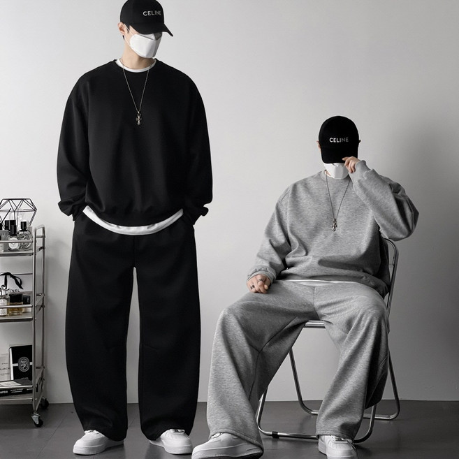 오프앤 무지 절개 오버핏 맨투맨 + 커브드 팬츠 셋업 트레이닝복 츄리닝 상하 세트