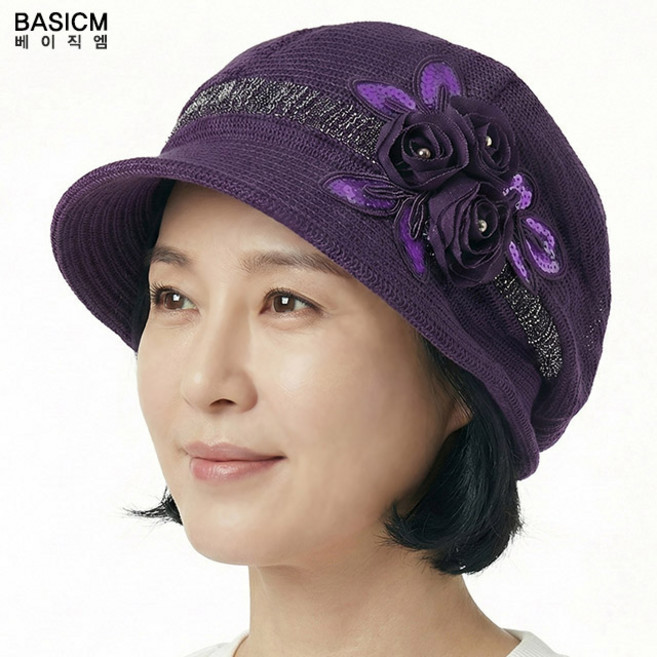 베이직엠 여성 여름 반다나 두건 망사모자 챙비니 스팽글 장미