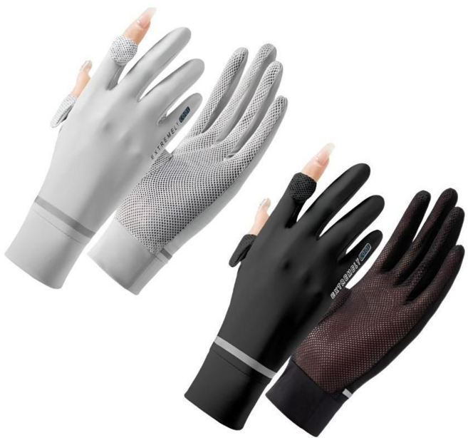 미블룸 여성 아이스 냉감 매쉬 자외선차단 운전 등산 스포츠 다용도 자외선차단 장갑 1+1 세트, 1개, 그레이+블랙