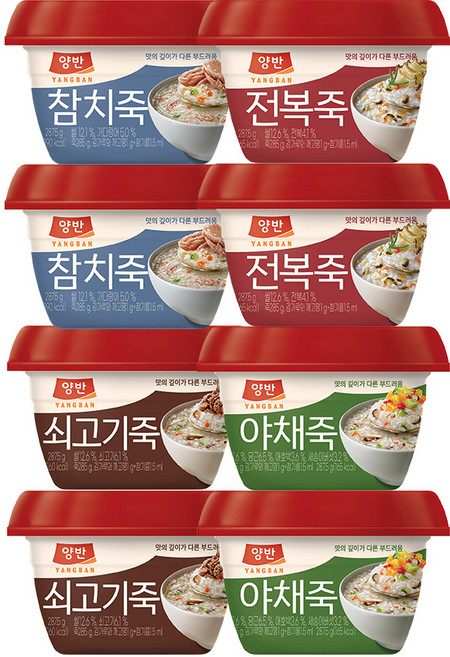 동원 양반 용기죽 285g(쇠고기죽2개 + 전복죽2개+ 야채죽2개 + 참치죽 2개), 285g, 8개