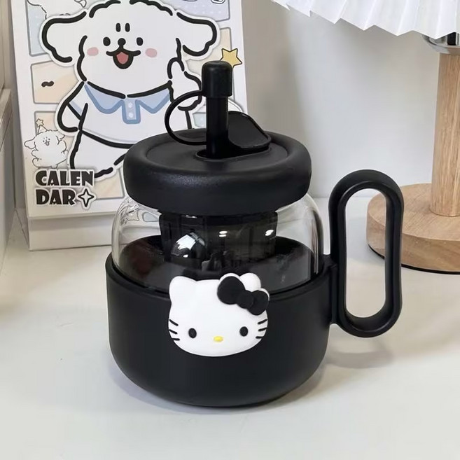밀크카 산리오 헬로키티 캐릭터 플라스틱 컵 트라이탄물병 빨대 티포트 티필터 내장, 1개, 600ml, 블랙