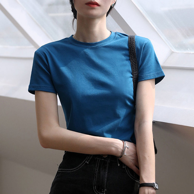 반팔 여 트렌디한 디자인으로 대중적인 순면 라운드 이너 티셔츠 여성스러운 상의 스타일링 nvduanxiu