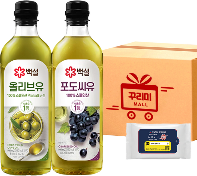 [꾸리미] 프리미엄유 2종 (올리브유900ml+포도씨유 900ml)+꾸리미물티슈, 1세트, 900ml