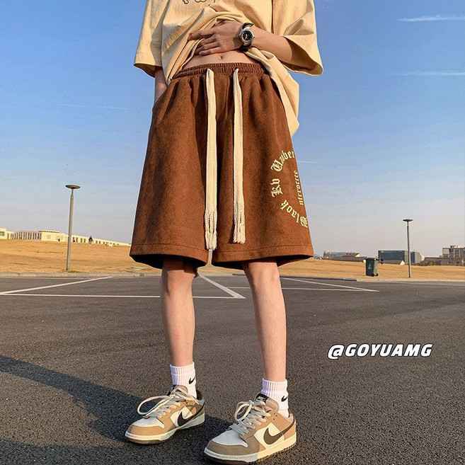 麂皮絨短褲男夏季美式復古潮牌休閒五分中褲外穿過膝籃球運動褲子