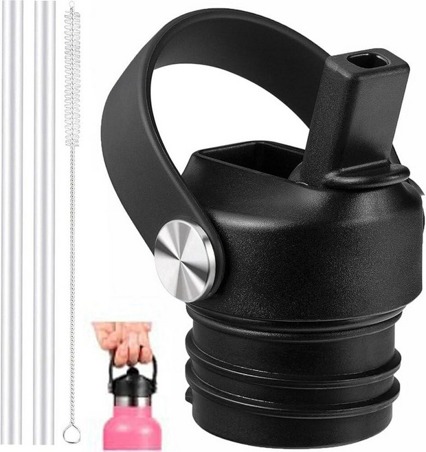 하이드로플라스크용 빨대 뚜껑 및 실리콘 부츠 Hydro Flask 45.9ml(18 21 24온스) 표준 입구용 빨대가 있는 뚜껑 HydroFlask용 교체용 스포츠 캡, 블랙