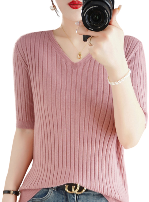 여성용 브이넥 니트 반팔 티셔츠 니트 골지 스웨터 티셔츠 데일리 이너티 뉴타임즈F240301