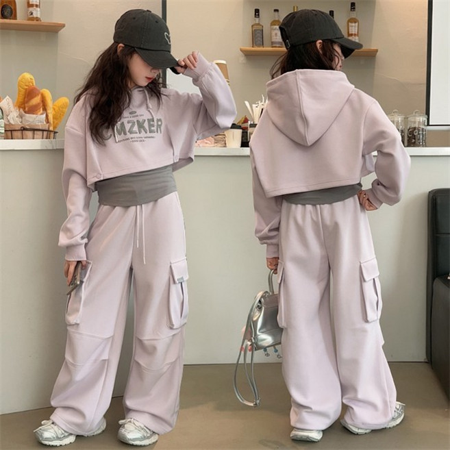 비비키드 여아 봄 가을 초중생 상하복 세트 주니어 크롭 후드 긴팔티 상의+하의 민소매 쓰리피스 세트 초등생 주머니 긴바지 세트 (77179)