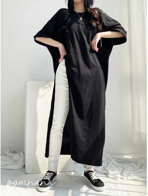 엘리즈데이 베이직트임롱티 여성 티셔츠 롱티 원피스 트임티 라운드 무지 반팔 여름