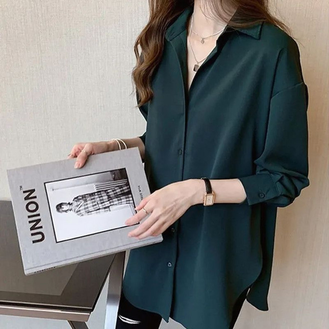 여성 긴팔 롱 셔츠 봄가을 캐주얼 솔리드 미디 남방 패션 루즈핏 쉬폰 블라우스 상의 WMY