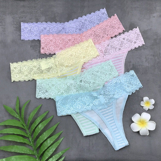 條紋蕾絲性感丁字褲 - 貨號5017