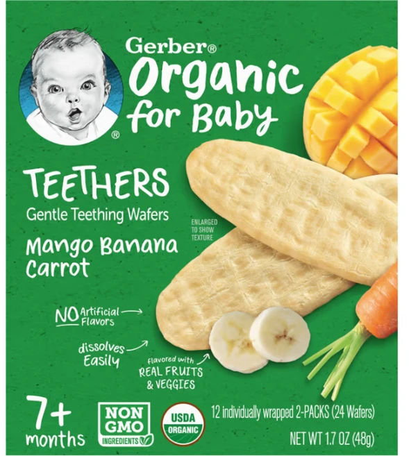 Gerber 유기농 티더스 부드러운 치아 발육 웨이퍼 7개월 이상 망고 바나나 당근 12팩, Mango Banana Carrot, 48g, 1개 - 쿠팡