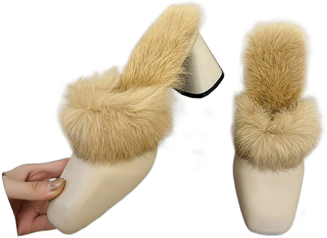 셀럽당 가을 겨울 통굽 스퀘어 털 반 슬리퍼 하이힐 여자 구두M0877