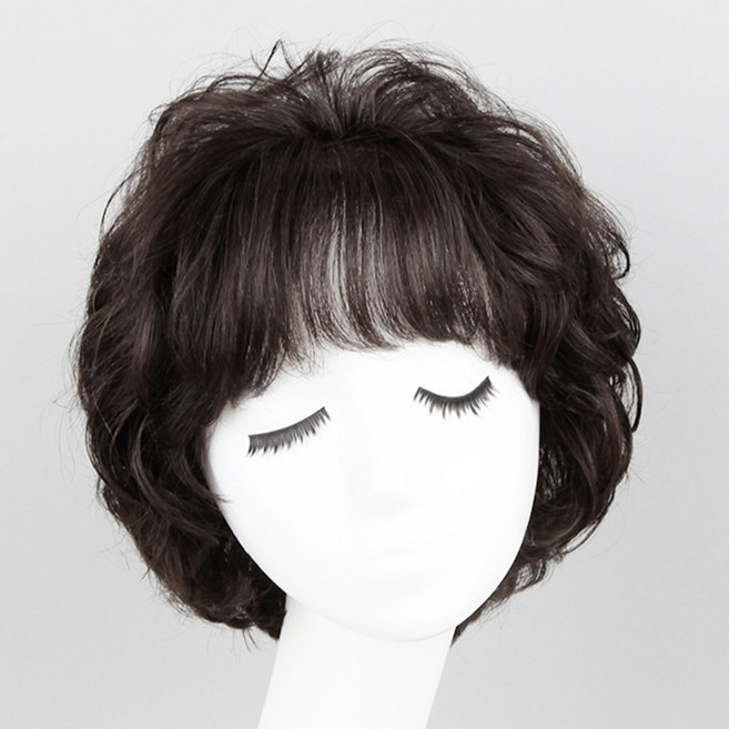 [W1008] 인모 100% 로지 여자통가발 굵은 웨이브 숏컷 항암가발, S(51~53cm) 진한갈색, 1개