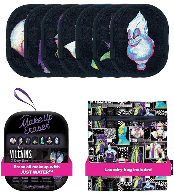 오리지널 MakeUp Eraser 7일 세트 방수 마스카라 아이라이너 파운데이션 립스틱 자외선 차단제 등을 포함한 물로 모든 메이크업을 지우세요 헬로 키티 큐티 파이 7개입 2, Disney Villains