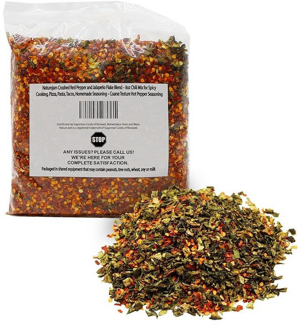 Naturejam 크러시드 레드 페퍼 및 할라피뇨 플레이크 블렌드 - 매운 요리 피자 파스타 타코 홈메이드 시즈닝을 위한 226.8g(8온스) 칠리 믹스 - 거친 질감의, Naturejam 크러시드 레드 페퍼 및 할라피뇨 플레, 1, 226.8g