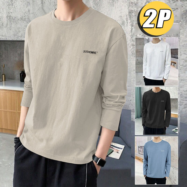 1+1 남성 레터링 100%순면 긴팔 티셔츠 봄 가을 캐주얼 얇은 라운드 긴팔티 빅사이즈
