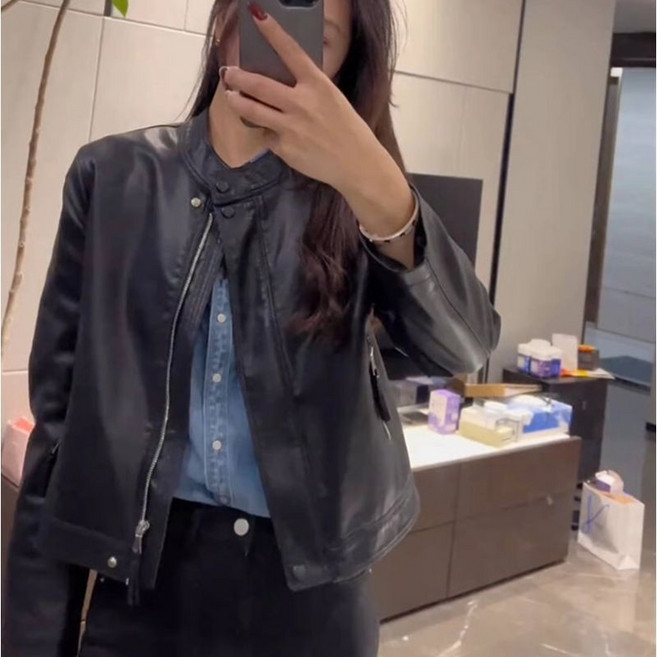 女士短款立領休閒PU皮夾克 機車夾克