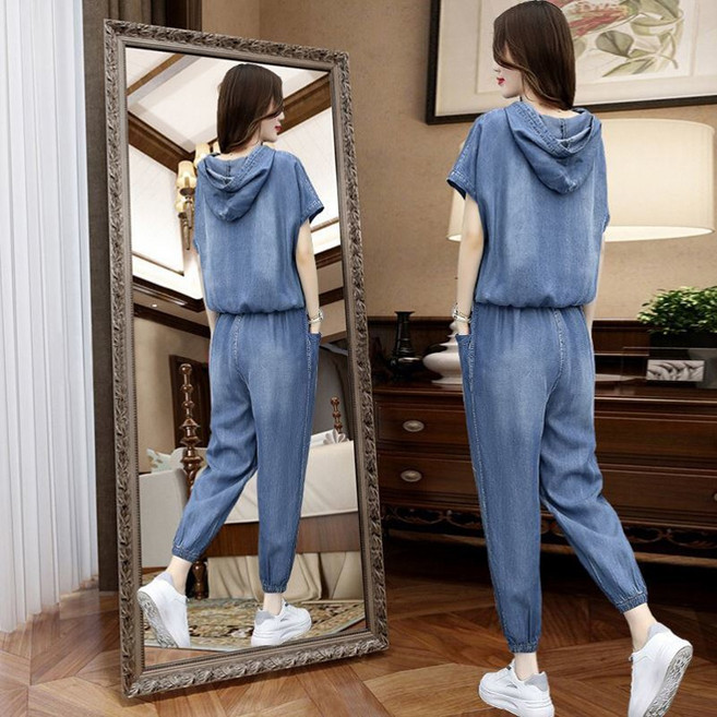 AOKADA 여성 데님 후드티 조거 팬츠 트레이닝 츄리닝 캐주얼 투피스 상하의 세트