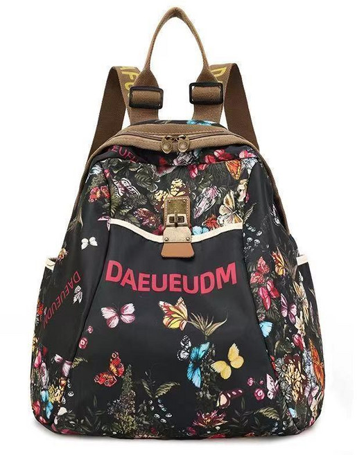 DAEUEUDM 碎花蝴蝶圖案後背包 大容量休閒時尚旅行牛津布媽媽包, 黑蝴蝶
