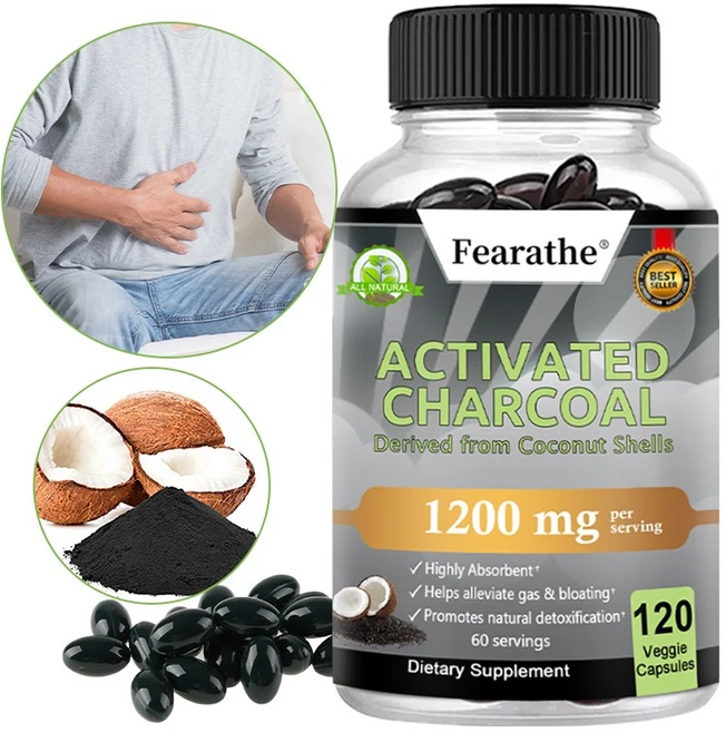 활성탄 캡슐 - 1 200mg 흡수성이 뛰어납니다. 가스와 복부팽만감 완화에 도움이 됩니다. 천연 해독을 촉진합니다. 코코넛 껍질에서 추출, 3개, 60회분 - 쿠팡