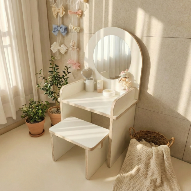 {국내생산} 화이트 어린이 화장대 원목 아이 키즈 의자포함 자작나무, 화이트 화장대, 1개