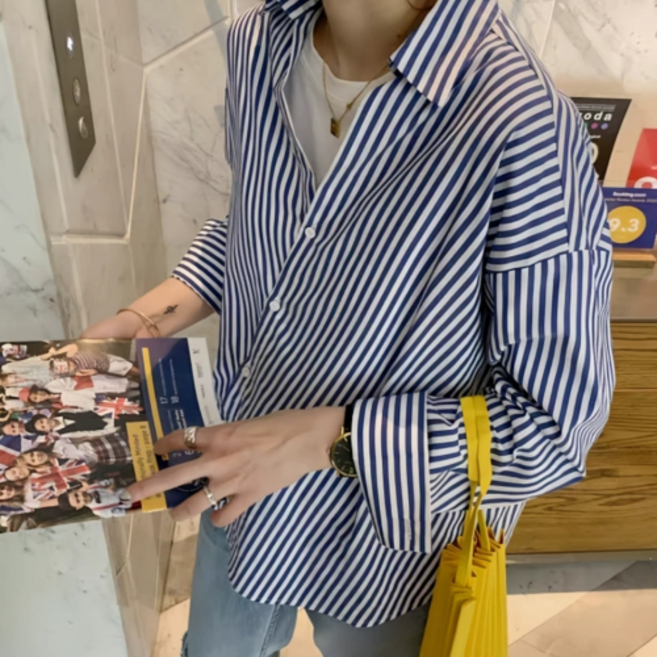 사라포유 여성 스트라이프 크로스 카라 긴팔 셔츠