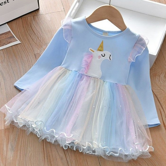 더그랜 여아 유니콘 무지개 샤 원피스 아동 데일리 긴팔 드레스