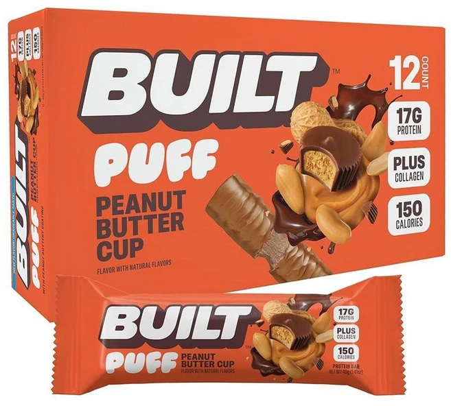 BUILT Bar 퍼프 프로틴 바 - 땅콩 버터 컵 콜라겐 함유 단백질 스낵 17g 칼로리 의식 및 글루텐 프리 12개입 262981, 48g, 12 - 쿠팡