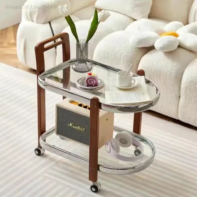 단단한 나무 이동식 사이드 테이블 스토리지 중세 트롤리 거실 커피 랙, 04 Milk white all solid