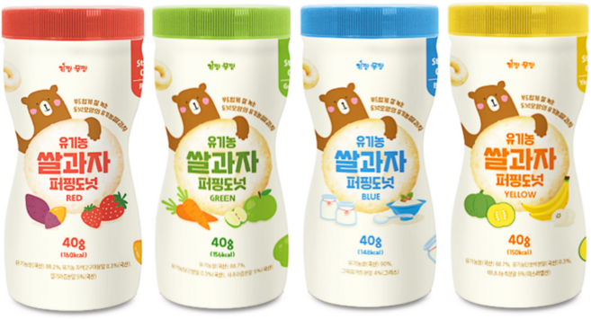 [키짱몸짱] 신제품 유기농 아기쌀과자 10개월 ~ 3세 퍼핑도넛 4개, 혼합맛(바나나/딸기/사과/요거트), 40g, 1세트