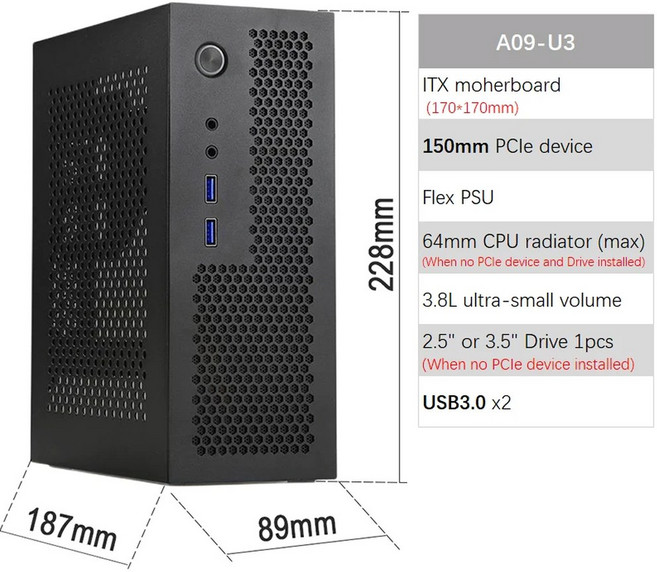 A09 8L ITX 섀시 A4 HTPC 휴대용 컴퓨터 PC 지원 PCIe SSD 드라이브 미니 IPC 플렉스 PSU 케이스