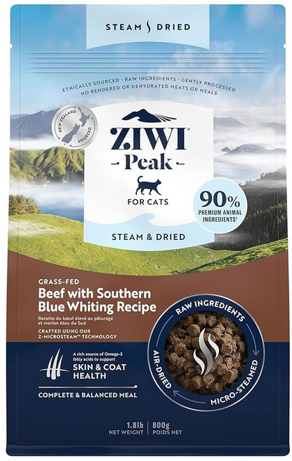 ZIWI 피크 스팀 & 말린 고양이 사료 - 야생 남태평양 생선 - 고단백 스킨 & 코트 건강 저탄수화물 모든 생활 단계용 (28.8온스), 2 Beef with Southern Blue Whit, 1.8 Pound (Pack of 1)