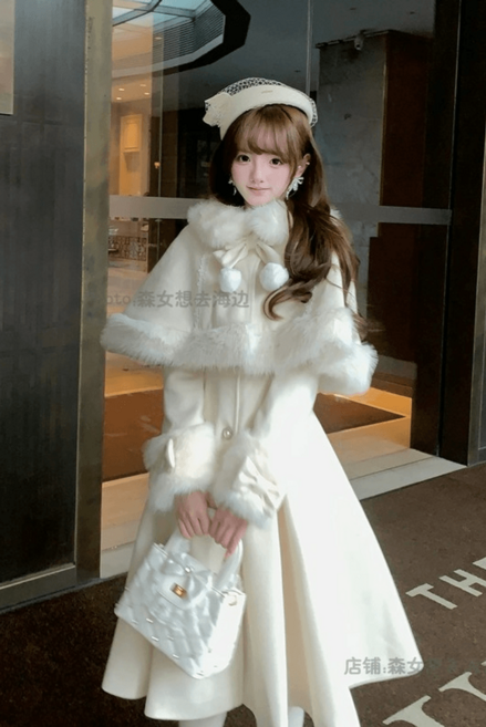 겨울 흰 망토 케이프 모직 퍼 원피스형 코트 귀공녀 스타일 코스튬 갸루