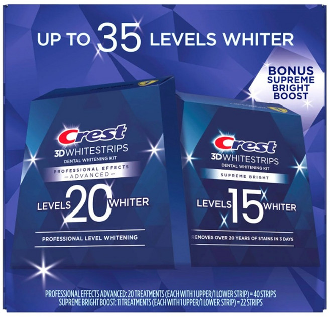 크레스트 3D 프로페셔널 화이트닝 치아미백 스트립 62개, 1박스