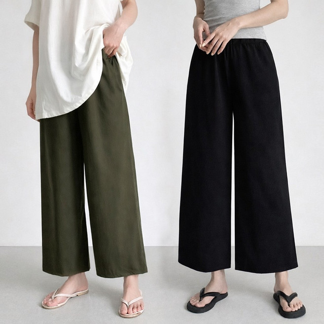 1+1 여성 빅사이즈 경량 라이트 쿨 와이드 밴딩 팬츠 바스락 소재 일자핏 여름 바지 3컬러