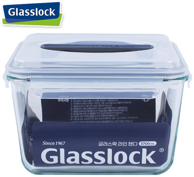 글라스락 라인용기3.7L/유리 보관 밀폐용기 김치통 반찬통 핸디 손잡이, 1개