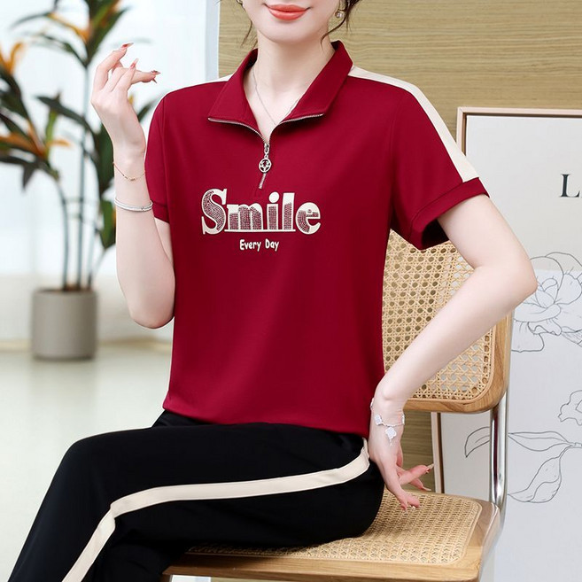 중년 여성 봄 여름 투피스 세트 캐주얼 반집업 폴로넥 반팔 티셔츠 + 팬츠 상하 투피스 슬림핏 엄마 기질 트레이닝 세트 빅사이즈 CY
