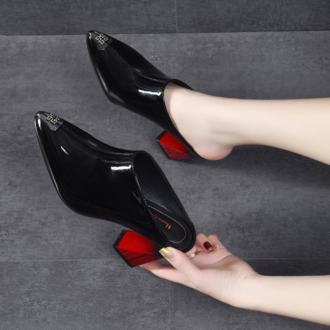 여성용 여름 가보시 슬리퍼 통굽에 스타일리쉬한 에나멜 기질 8cm 힐