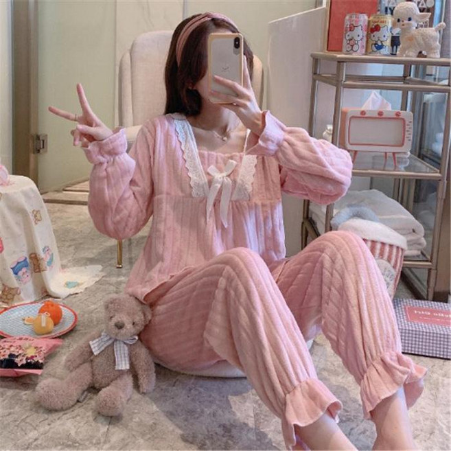 法蘭絨珊瑚絨睡衣套裝 甜美可愛保暖家居服