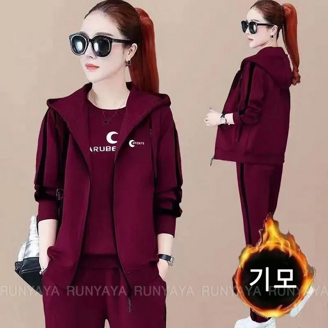 기모 겨울 여성 트레이닝 상하의 3피스 세트 밴딩 팬츠 바지 + 후드 집업 조끼 베스트 + 맨투맨 티셔츠 빅사이즈 간절기 D99U