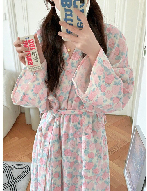 플라워 요루면 롱 골프 수면 수유 긴팔 홈웨어 로브 가운