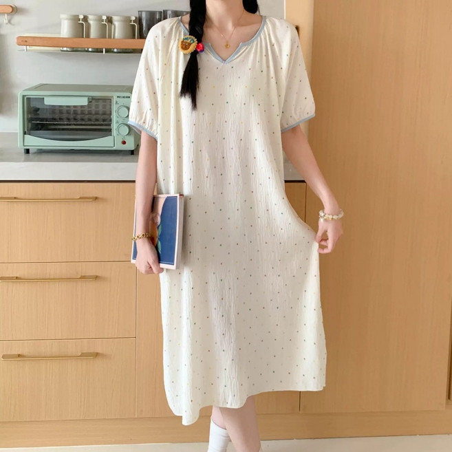 Makone 여성 브이넥 캐릭터 프린트 잠옷 원피스 캐주얼 큐티 루즈핏 홈웨어