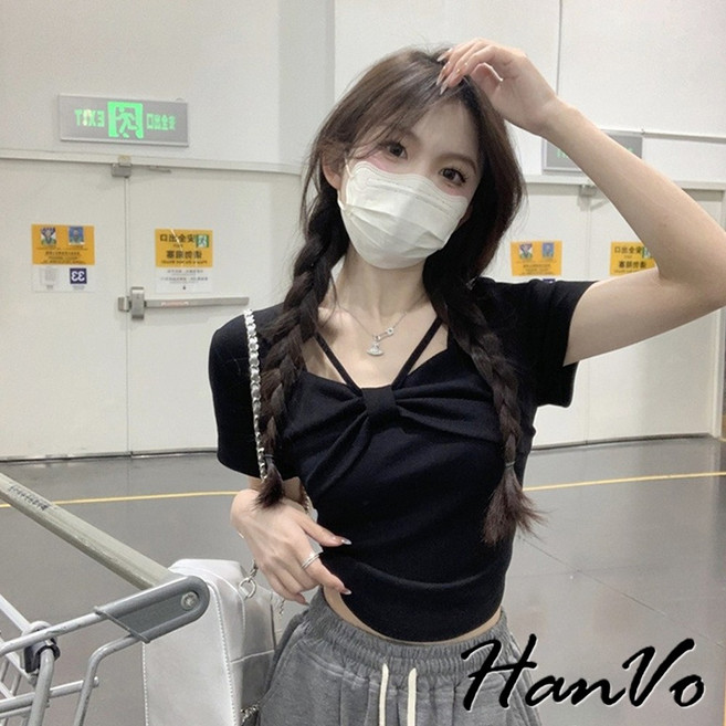 HanVo 甜美公主蝴蝶結涼感短袖上衣 親膚透氣韓系女裝