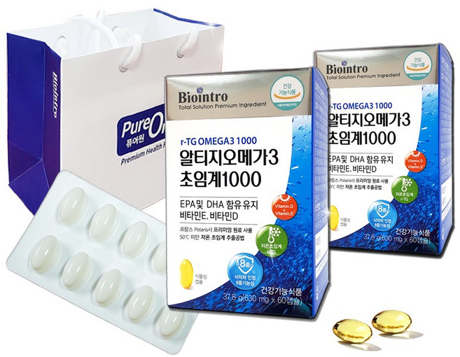 알티지오메가3 초임계 1000 선물세트+쇼핑백 고순도 고함량 EPA+DHA 1000mg 비타민D E 함유 식물성캡슐 명절 부모님 건강기능식품 효도 선물, 60정, 2개