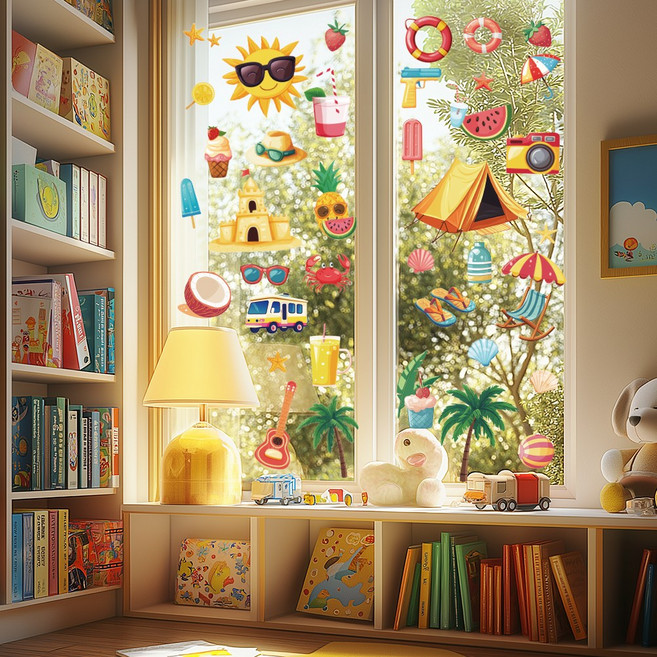 PVC 정전기 창문 스티커 아동 취향 시리즈 디자인 거실 침실 아이 방 인테리어 120x30cm, 여름 요소