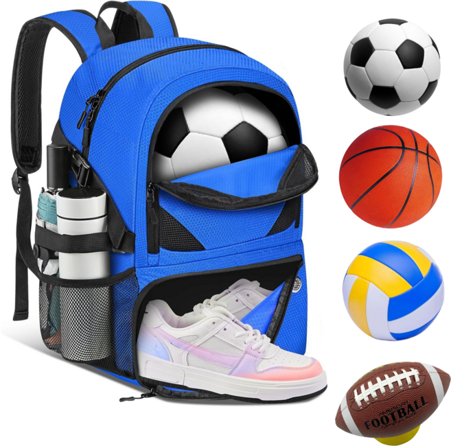 YHXONEOK 축구 가방 볼와 신발 구분을 가진 농구 가방. 농구 배구 축구 운동에 적용하는 방수형 스포츠 백팩, 파란색, 1개