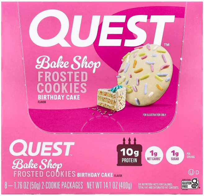 Quest Nutrition Bake Shop 프로스티드 쿠키 생일 케이크 8팩 개당 50g(1.76온스), Quest NutritiON 온, Bake Shop 프 - 쿠팡