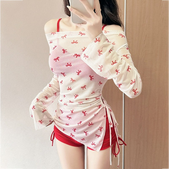 Asure 여름 여성 리본 오프숄더 비키니 커버업 수영복세트, 레드